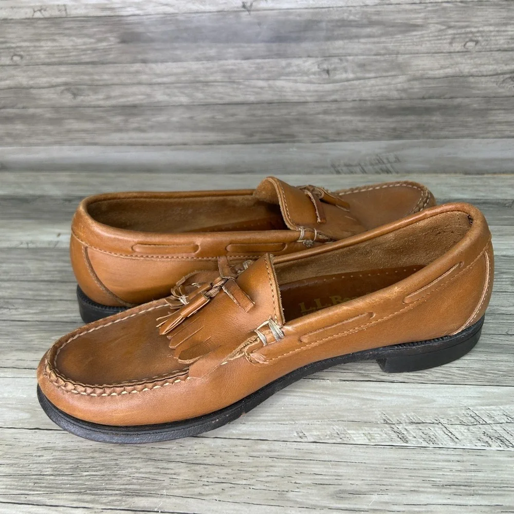 LL Bean Loafers Brown Tassels Slip On Leather Mens 9 B Shoes Peppy Boat